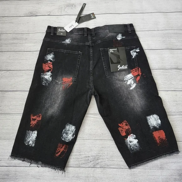 Black and Red Splatter Paint Distressed Men's Biker Shorts (Size 40 & 42) - Picture 13 of 15
